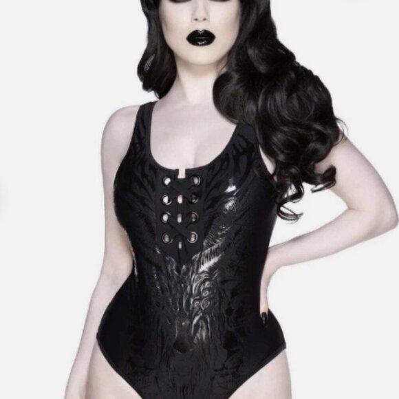 Killstar ✦ Depths of Hell One-Piece Suit ✦ Black Lace-Up Graphic Rare L NWT - Picture 1 of 8